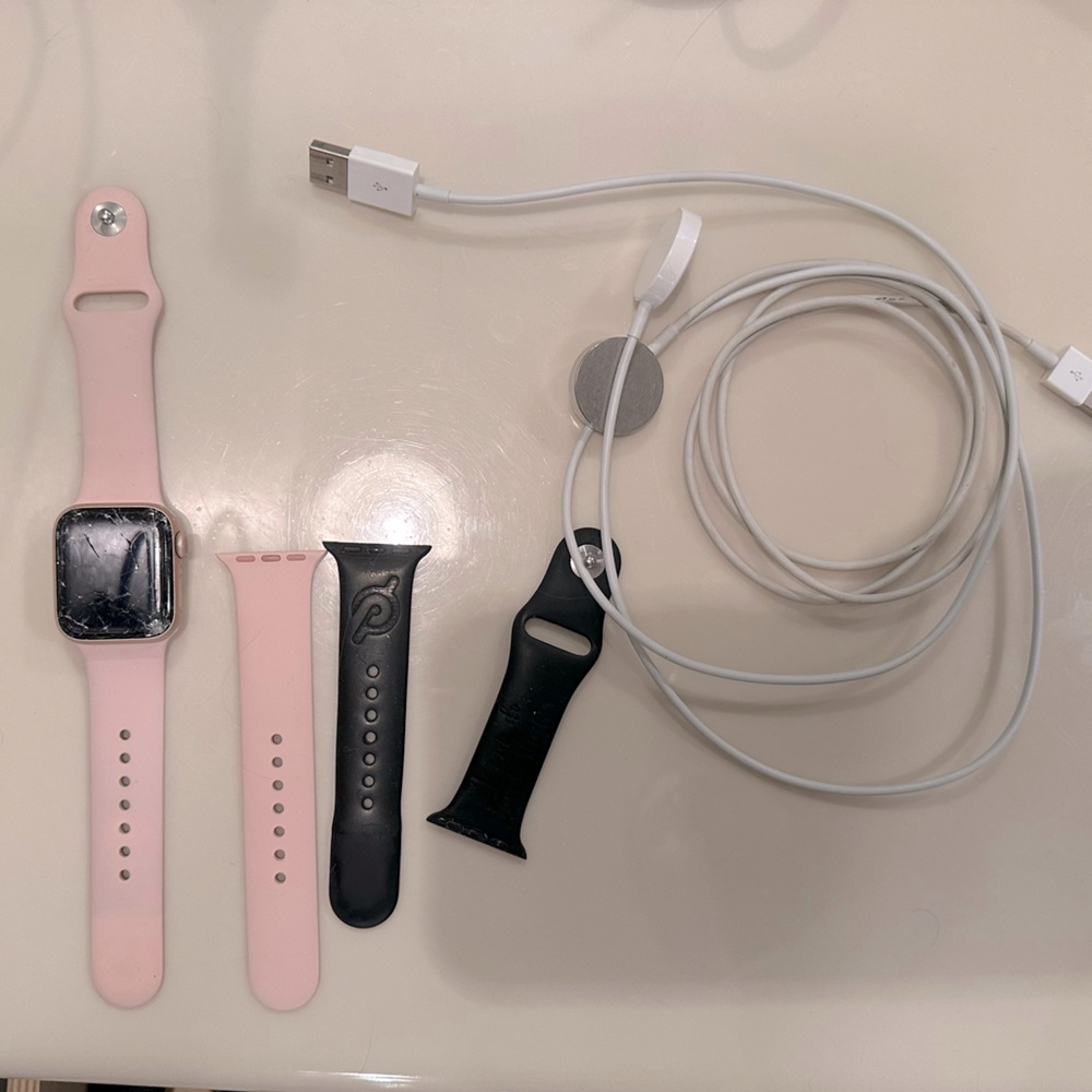 Apple Watch Series 6 Shattered Glass w Pink Bank 2 sizes & Black Peloton Band